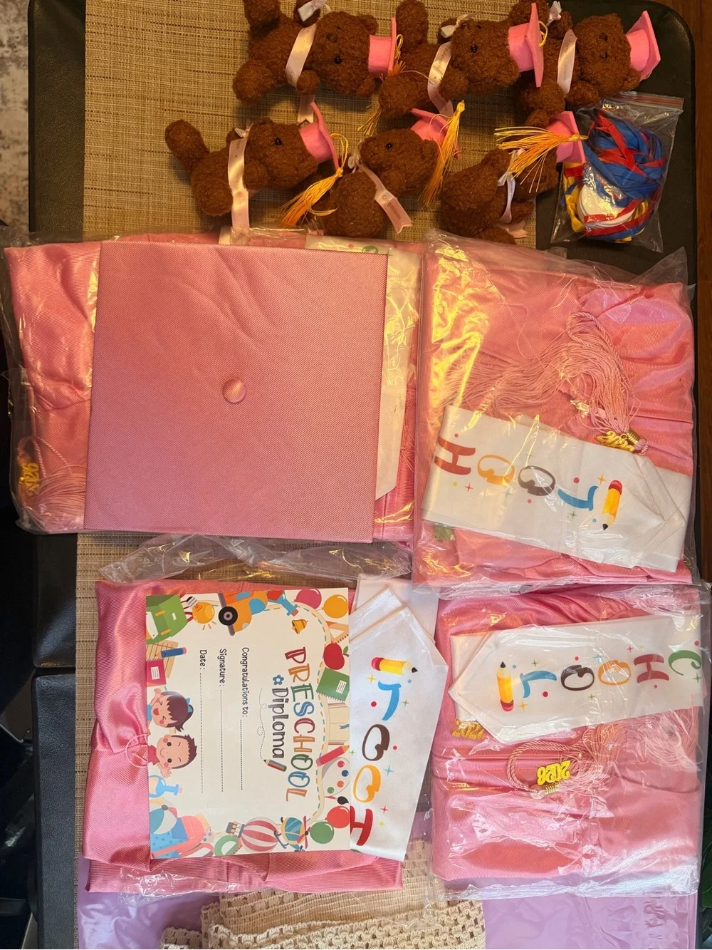 Brand New 6-Pack Preschool Graduation Set (Pink Gowns, Caps & Gifts)